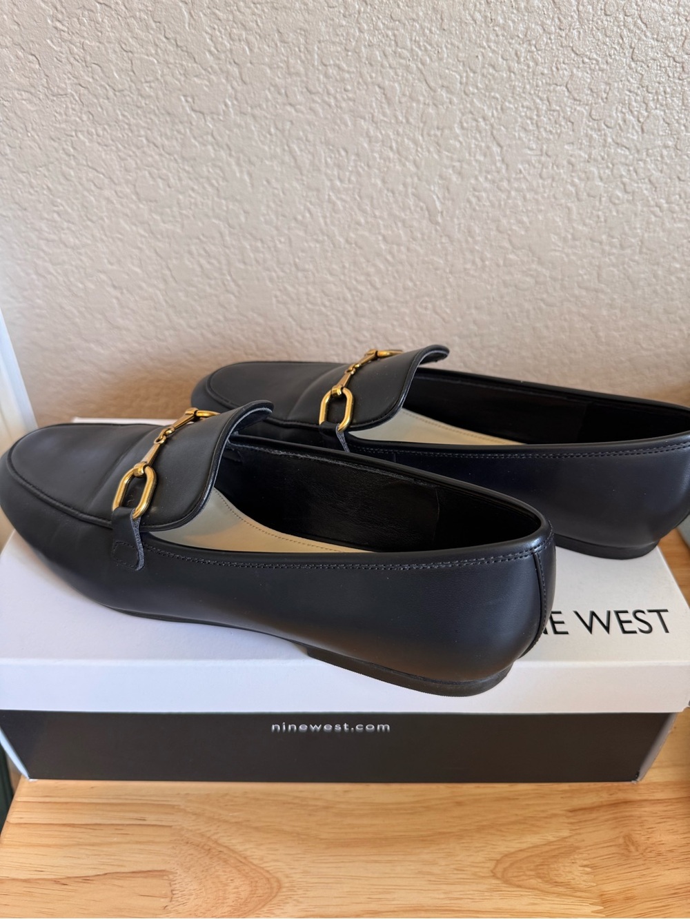 Nine West Black Leather Loafers with Gold Horsebit Hardware